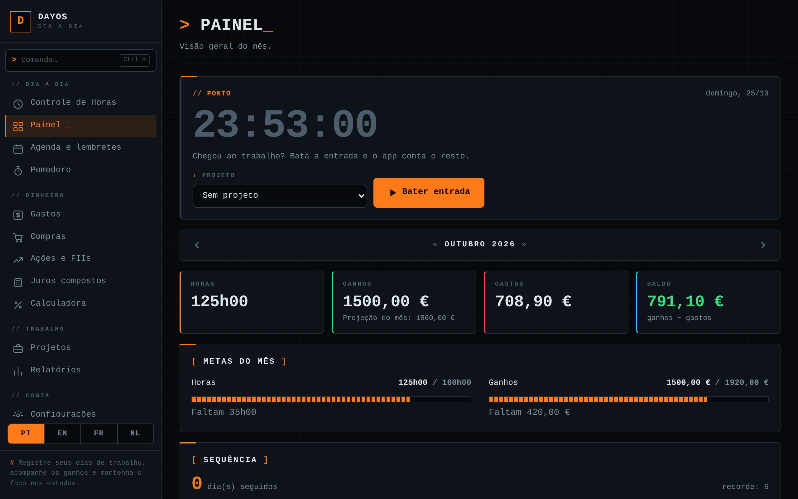 Painel com metas do mês, ganhos e gastos